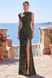 Sparkly Black Sequin Sheath Bateau Neck Long Formal Dress with Slit