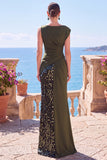Sparkly Black Sequin Sheath Bateau Neck Long Formal Dress with Slit