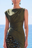 Sparkly Black Sequin Sheath Bateau Neck Long Formal Dress with Slit