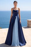 Navy Satin A-Line Ruched Strapless Long Formal Dress with Pearls