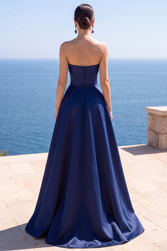 Navy Satin A-Line Ruched Strapless Long Formal Dress with Pearls