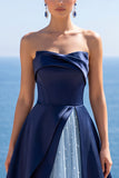 Navy Satin A-Line Ruched Strapless Long Formal Dress with Pearls