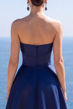 Navy Satin A-Line Ruched Strapless Long Formal Dress with Pearls