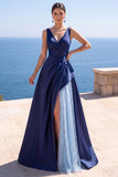 Navy A Line V-Neck Satin Ruched Long Formal Dress with Pearls