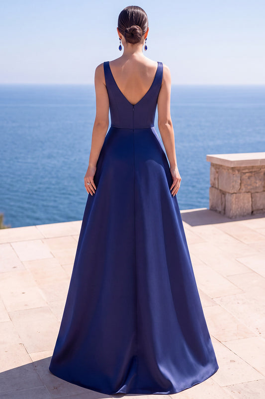 Navy A Line V-Neck Satin Ruched Long Formal Dress with Pearls