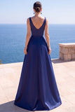 Navy A Line V-Neck Satin Ruched Long Formal Dress with Pearls