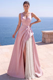 Navy A Line V-Neck Satin Ruched Long Formal Dress with Pearls