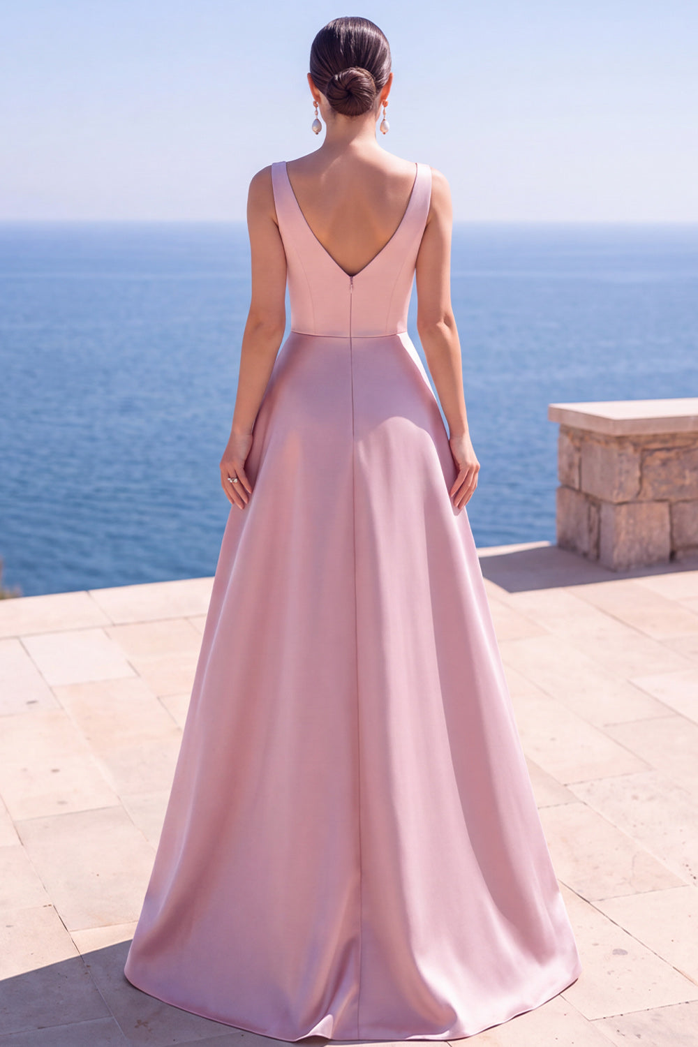 Navy A Line V-Neck Satin Ruched Long Formal Dress with Pearls