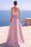 Navy A Line V-Neck Satin Ruched Long Formal Dress with Pearls