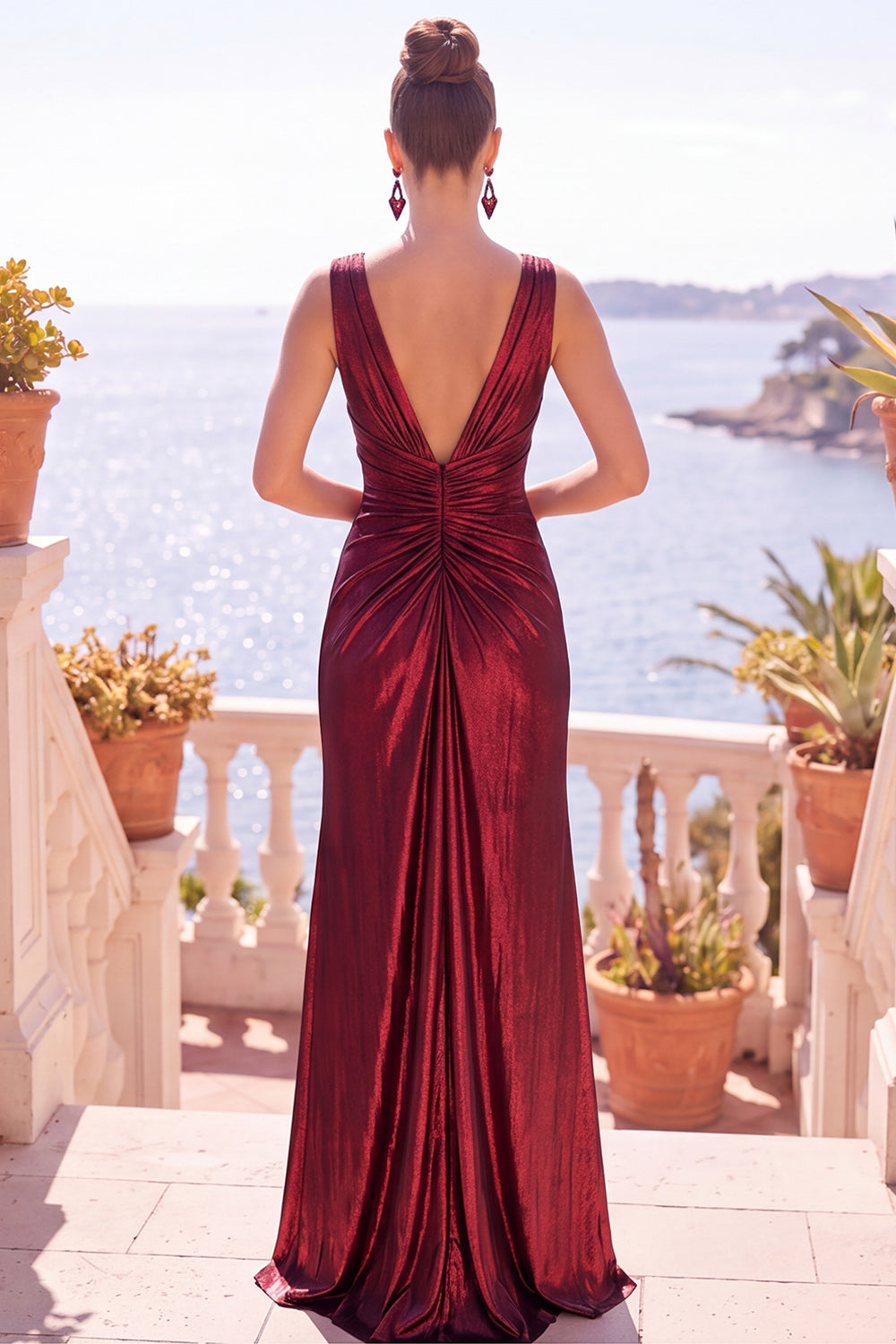 Burgundy Metallic V-Neck Ruched Long Formal Dress with Slit