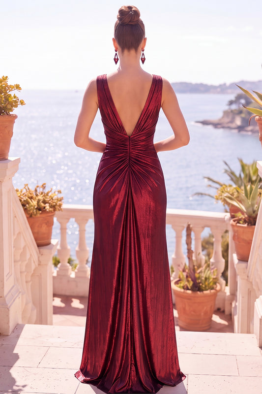 Burgundy Metallic V-Neck Ruched Long Formal Dress with Slit
