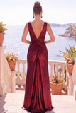 Burgundy Metallic V-Neck Ruched Long Formal Dress with Slit