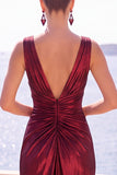 Burgundy Metallic V-Neck Ruched Long Formal Dress with Slit