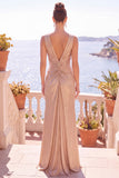 Burgundy Metallic V-Neck Ruched Long Formal Dress with Slit