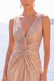 Burgundy Metallic V-Neck Ruched Long Formal Dress with Slit