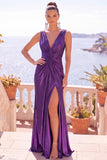 Burgundy Metallic V-Neck Ruched Long Formal Dress with Slit