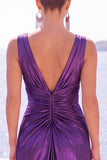 Burgundy Metallic V-Neck Ruched Long Formal Dress with Slit