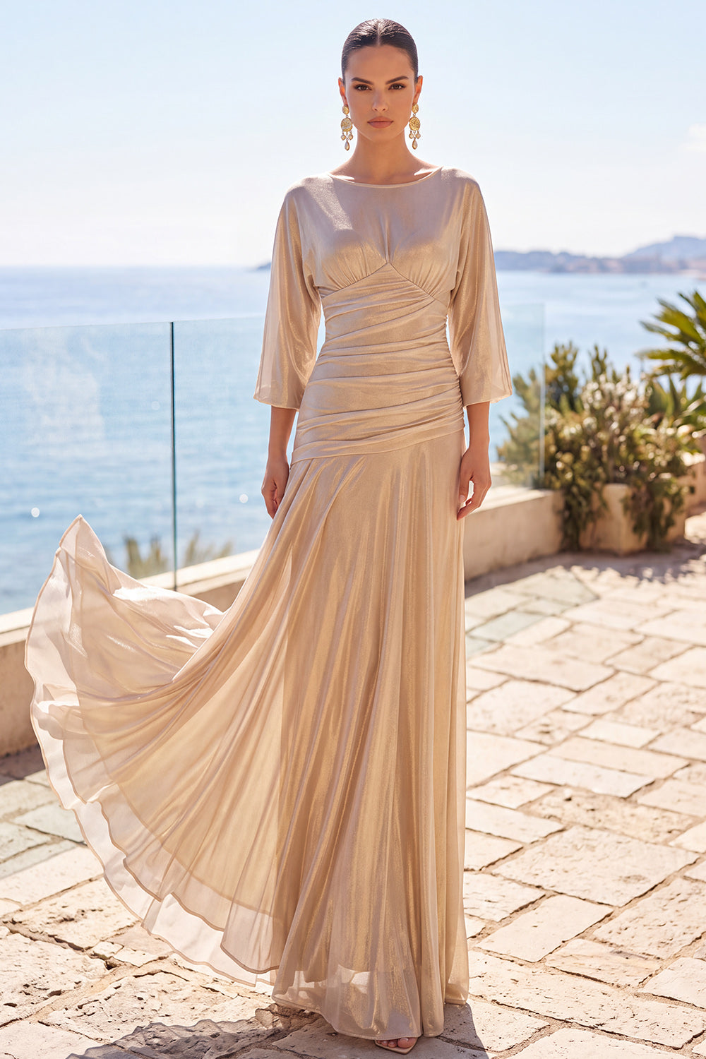 Fuchsia Metallic Boat Neck Ruched 3/4 Sleeves Long Formal Dress