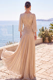 Fuchsia Metallic Boat Neck Ruched 3/4 Sleeves Long Formal Dress