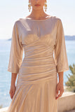 Fuchsia Metallic Boat Neck Ruched 3/4 Sleeves Long Formal Dress