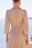 Fuchsia Metallic Boat Neck Ruched 3/4 Sleeves Long Formal Dress