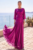 Fuchsia Metallic Boat Neck Ruched 3/4 Sleeves Long Formal Dress