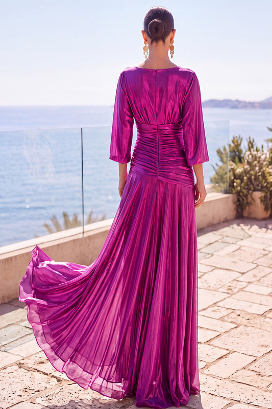 Fuchsia Metallic Boat Neck Ruched 3/4 Sleeves Long Formal Dress