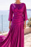 Fuchsia Metallic Boat Neck Ruched 3/4 Sleeves Long Formal Dress