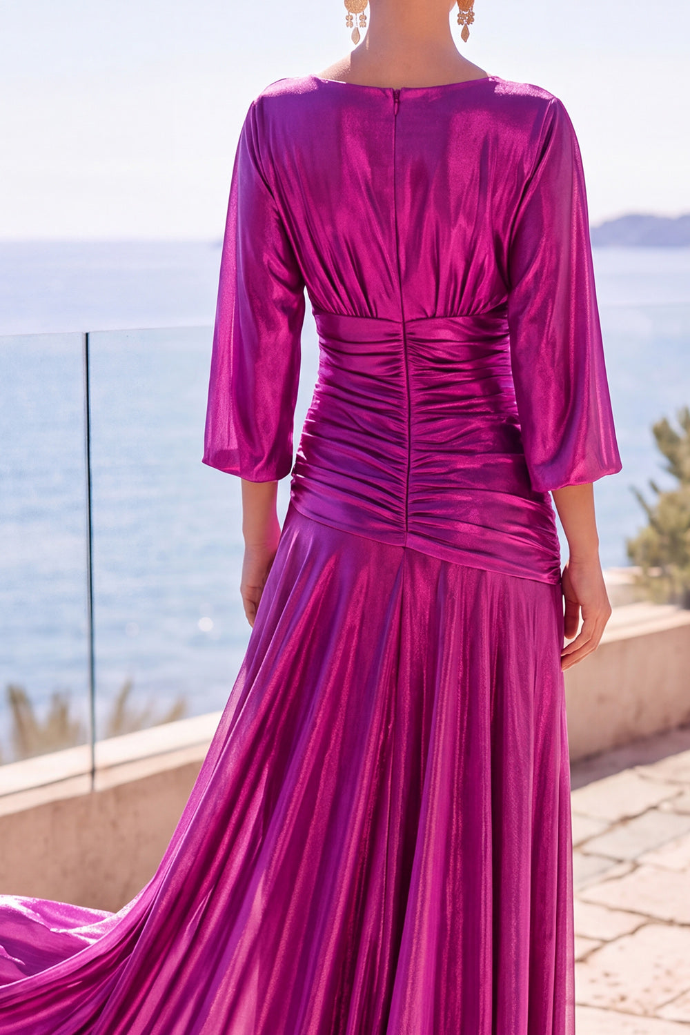 Fuchsia Metallic Boat Neck Ruched 3/4 Sleeves Long Formal Dress