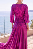 Fuchsia Metallic Boat Neck Ruched 3/4 Sleeves Long Formal Dress