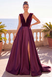 Burgundy A-Line V-Neck Velvet Long Formal Dress with Slit