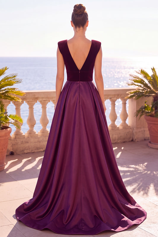 Burgundy A-Line V-Neck Velvet Long Formal Dress with Slit