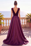 Burgundy A-Line V-Neck Velvet Long Formal Dress with Slit