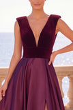 Burgundy A-Line V-Neck Velvet Long Formal Dress with Slit