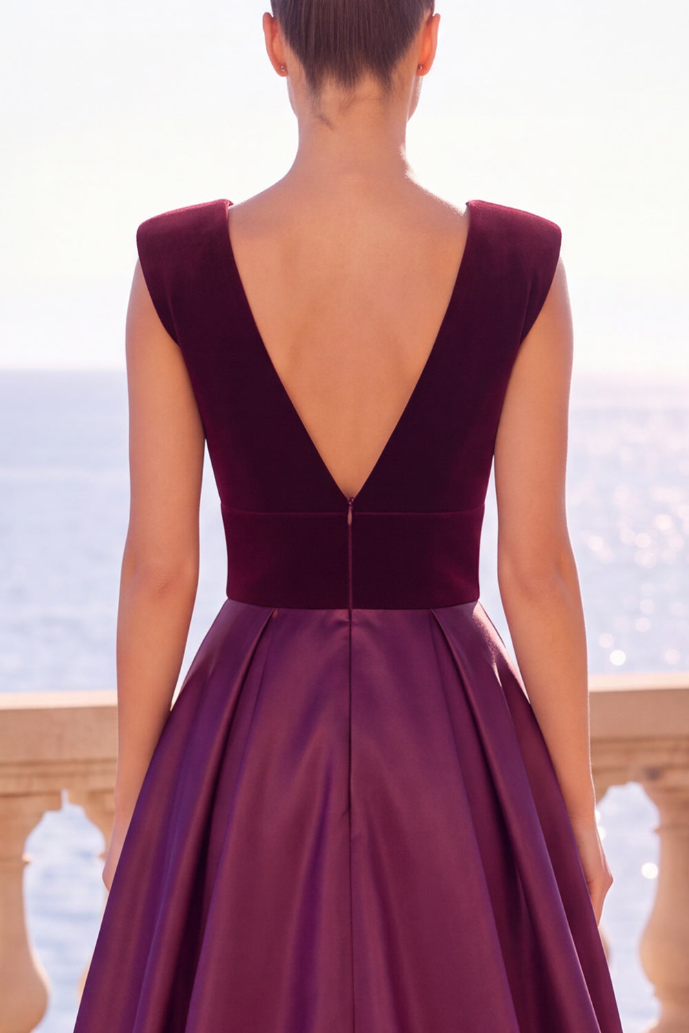 Burgundy A-Line V-Neck Velvet Long Formal Dress with Slit