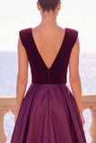 Burgundy A-Line V-Neck Velvet Long Formal Dress with Slit
