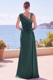 Blue Ruched Beaded Asymmetrical Neck Long Formal Dress with Slit