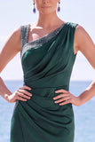 Blue Ruched Beaded Asymmetrical Neck Long Formal Dress with Slit