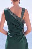 Blue Ruched Beaded Asymmetrical Neck Long Formal Dress with Slit