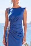 Blue Sheath Beaded Round Neck Ruched Long Formal Dress with Slit