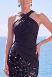 Sparkly Black Sequin Halter Ruched Long Formal Dress with Slit