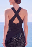 Sparkly Black Sequin Halter Ruched Long Formal Dress with Slit