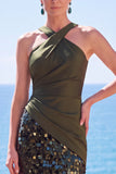 Sparkly Black Sequin Halter Ruched Long Formal Dress with Slit