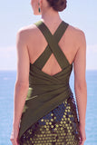 Sparkly Black Sequin Halter Ruched Long Formal Dress with Slit