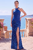 Sparkly Black Sequin Halter Ruched Long Formal Dress with Slit
