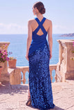 Sparkly Black Sequin Halter Ruched Long Formal Dress with Slit