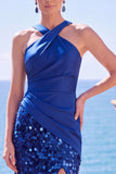 Sparkly Black Sequin Halter Ruched Long Formal Dress with Slit