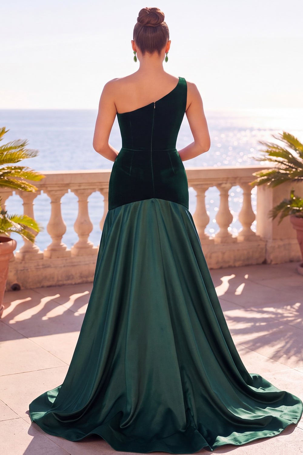 Dark Green Velvet Mermaid One Shoulder Ruched Long Formal Dress