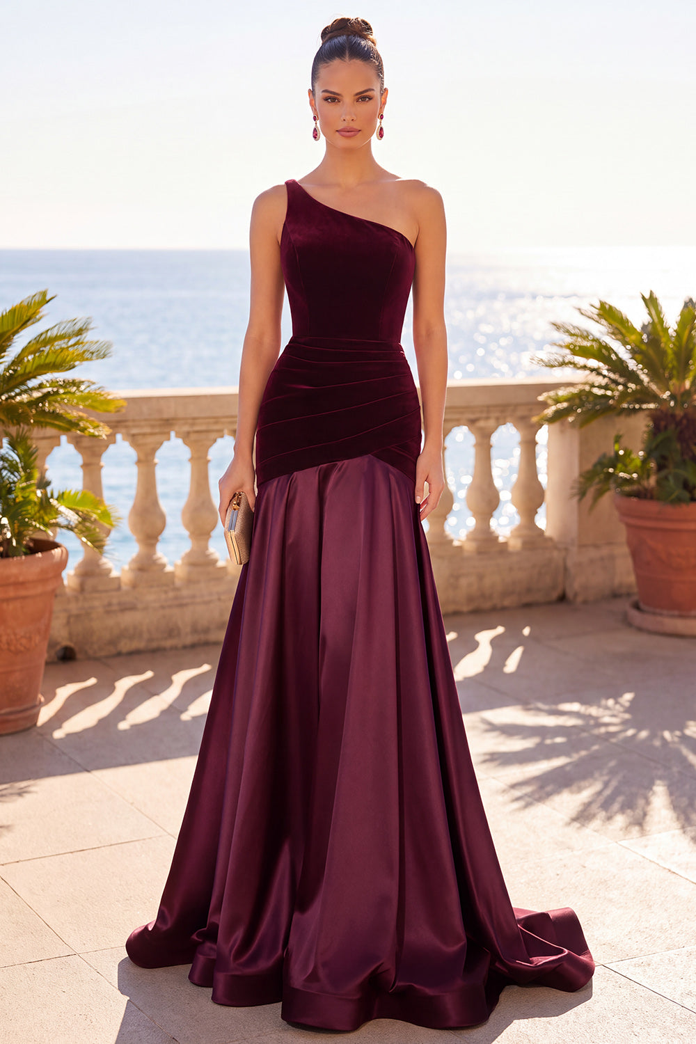 Dark Green Velvet Mermaid One Shoulder Ruched Long Formal Dress