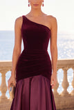 Dark Green Velvet Mermaid One Shoulder Ruched Long Formal Dress
